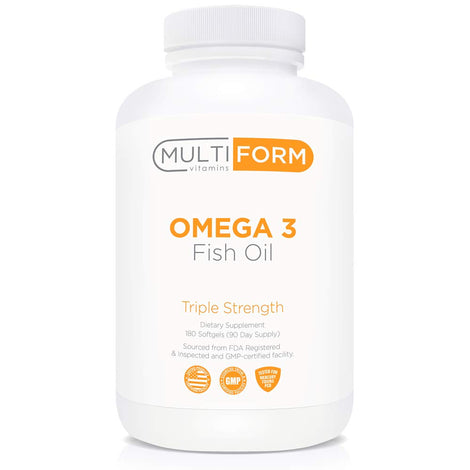 Multiform Omega-3 burpless softgel bottle, easy to swallow for daily omega-3 intake.