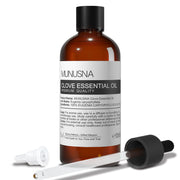 MUNUSNA Clove essential oil bottle showing pure formulation for daily care and diffusion.