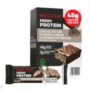 MUSASHI high-protein bar cookies & cream wrapped, ideal post-workout fueling.