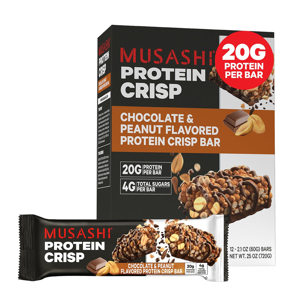 MUSASHI Protein Crisp Bar packaging showing 20g protein per bar for recovery