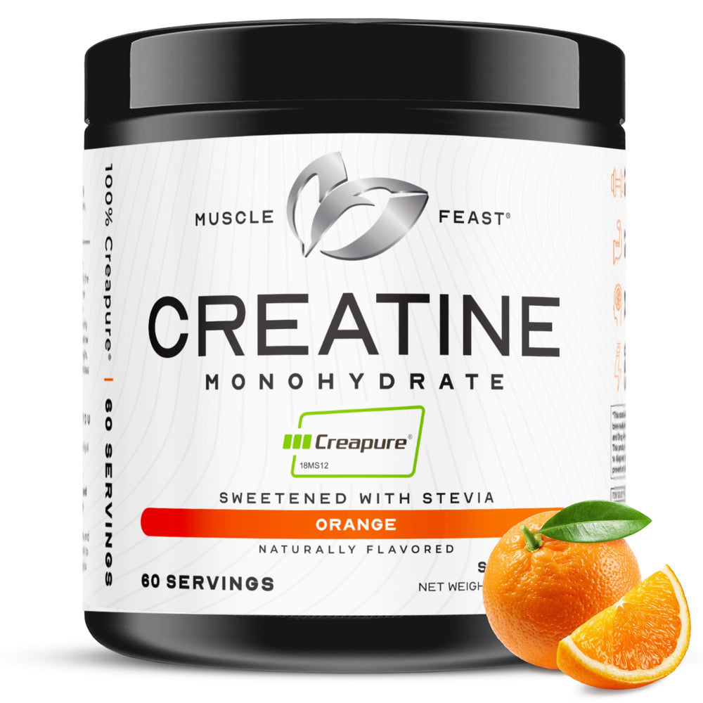 Muscle Feast Creapure bottle with Natural Orange flavor supports workouts.