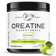 Muscle Feast Creapure bottle shows pure creatine monohydrate for clean strength support.