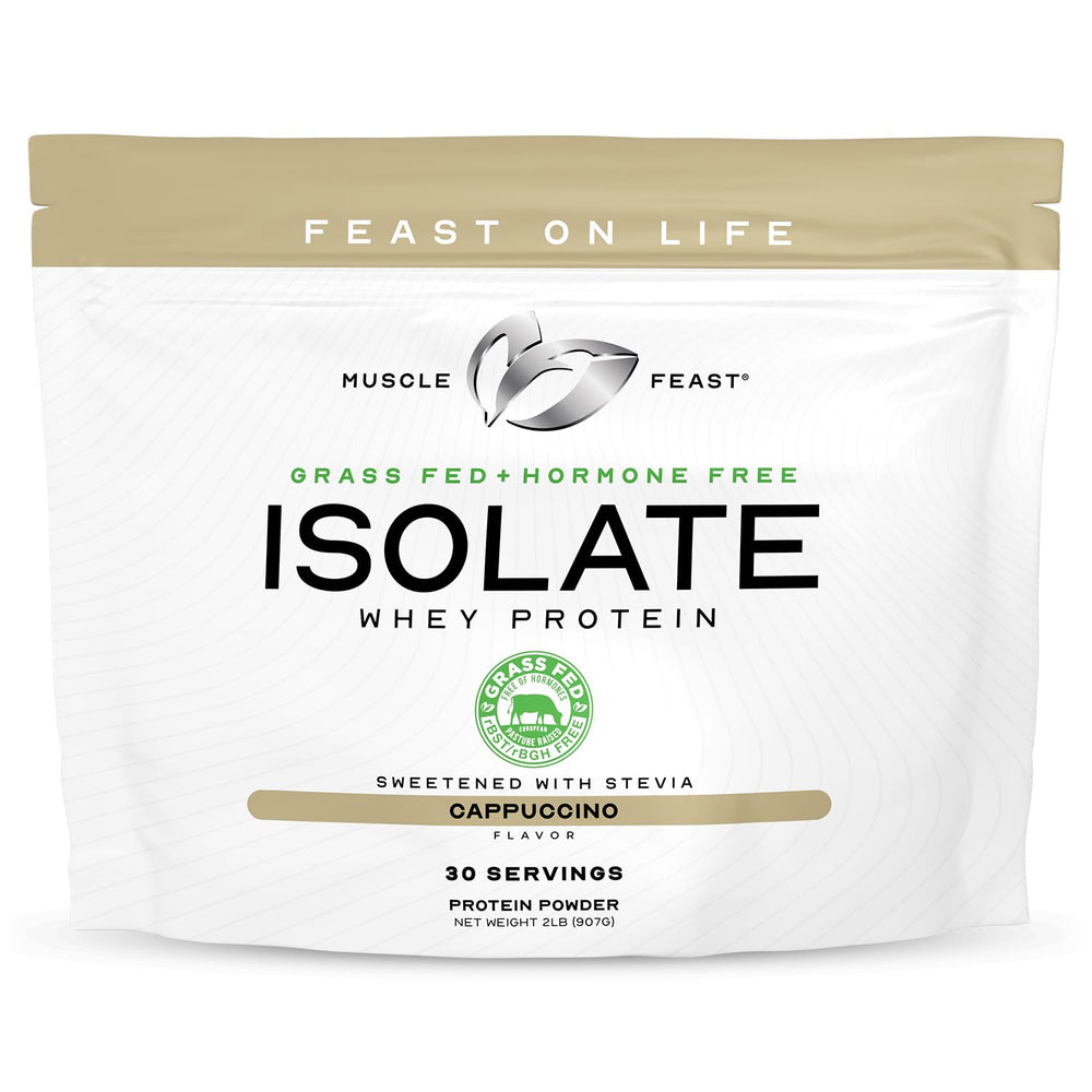 Muscle Feast grass-fed whey isolate bag with resealable packaging for easy daily use.
