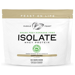 Muscle Feast grass-fed whey isolate bag with resealable packaging for easy daily use.