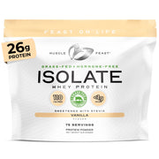 Muscle Feast grass-fed whey isolate vanilla tub, gluten-free protein for everyday shakes.