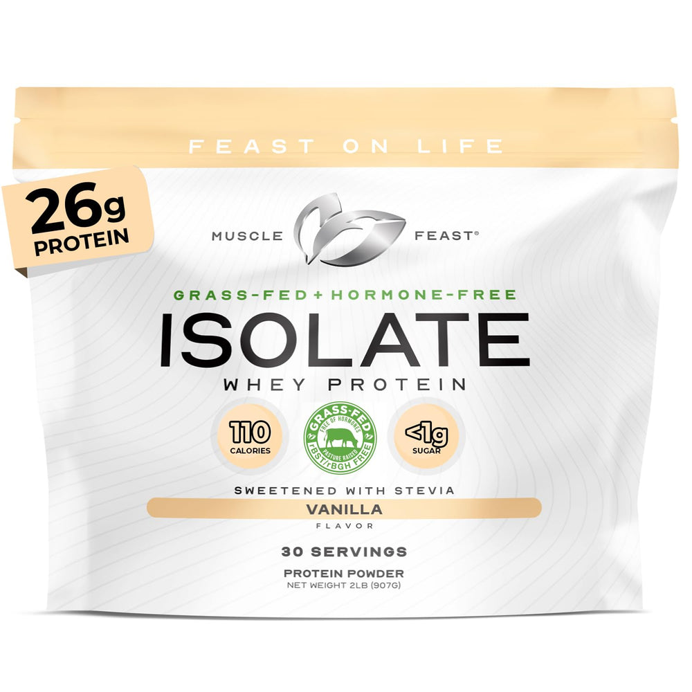 Muscle Feast grass-fed whey isolate vanilla bottle on counter for post-workout fuel