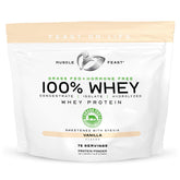 Muscle Feast grass-fed whey vanilla jar front showcasing natural ingredients