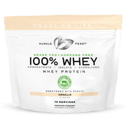 Muscle Feast grass-fed whey vanilla jar front showcasing natural ingredients