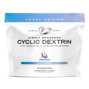 Muscle Feast HBCD powder tub close-up highlighting fast-absorbing carbohydrate formula for workouts.