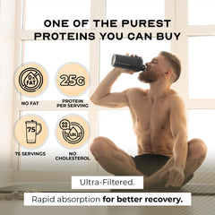 Muscle Feast whey isolate vanilla powder close-up for smooth blending.