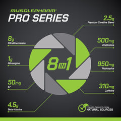 Muscle Pharm Pro Series WRECKAGE bottle with ingredients panel highlights 8-in-1 blend