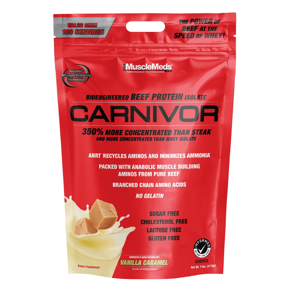 MuscleMeds Carnivor bottle with vanilla caramel flavor, beef protein isolate for lean muscle support.