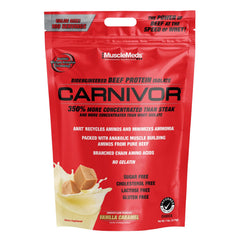 MuscleMeds Carnivor bottle with vanilla caramel flavor, beef protein isolate for lean muscle support.