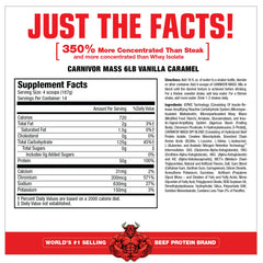 MuscleMeds Carnivor Mass vanilla caramel bottle highlights high-protein nutrition.