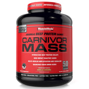 MuscleMeds Carnivor Mass vanilla caramel powder container supports post-workout recovery.