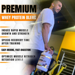 MUSCLEOLOGY label close-up showing blend quality and nutrition details.