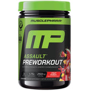 MusclePharm Assault fruit punch pour into glass for an energized pre-workout session