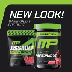 MusclePharm Assault scoop measures potent pre-workout formula for energy.