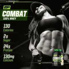 MusclePharm Combat 100% Whey gluten-free label on the tub