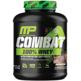 MusclePharm Combat 100% Whey Cappuccino tub front shows premium protein for workouts and recovery
