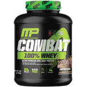 MusclePharm Combat 100% Whey Cappuccino tub front shows premium protein for workouts and recovery