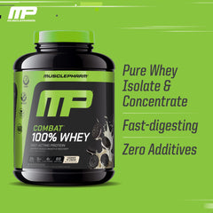 MusclePharm Combat 100% Whey 5lb tub shown on packaging.