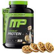 MusclePharm Combat Protein bottle shows Cookies N Cream flavor for post-workout fueling.