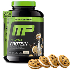 MusclePharm Combat Protein bottle shows Cookies N Cream flavor for post-workout fueling.