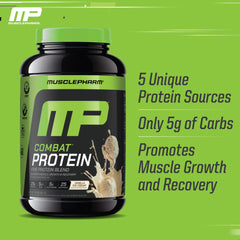 MusclePharm Combat Protein Powder vanilla bottle label with gluten-free, quality-tested claim