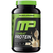 MusclePharm Combat Protein Powder vanilla tub showing 25g protein per serving for workouts