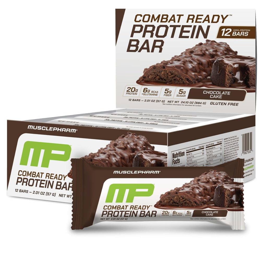 MusclePharm Combat Sport Bar front view, chocolate cake flavor, protein-rich workout snack.