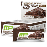 MusclePharm Combat Sport Bar front view, chocolate cake flavor, protein-rich workout snack.