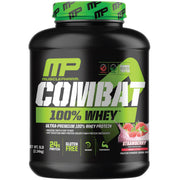 MusclePharm Combat Whey Strawberry Cream bottle highlights high-protein formula for post-workout fueling