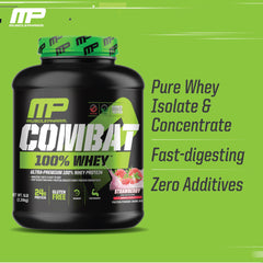 MusclePharm Combat Whey Strawberry Cream closeup label emphasizes gluten-free formulation