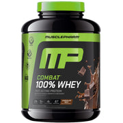 MusclePharm Combat whey protein tub in chocolate milk flavor for quick post-workout fueling.