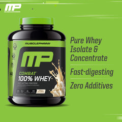 MusclePharm Combat Whey Vanilla label close-up with certification.