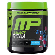 MusclePharm Essentials BCAA bottle on a clean surface highlighting recovery focus.