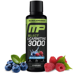 MusclePharm L-Carnitine 3000 bottle with blue raspberry flavor and liquid format.