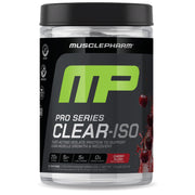 MusclePharm Pro Series Clear ISO Cherry Slush tub shows a premium protein option for post workout recovery
