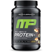 MusclePharm Pro Series Protein+ Chocolate Chunky Monkey bottle highlighting premium formula for post-workout recovery