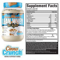 Musclesport Lean Whey Revolution tub highlights low calories and macros for daily shakes.