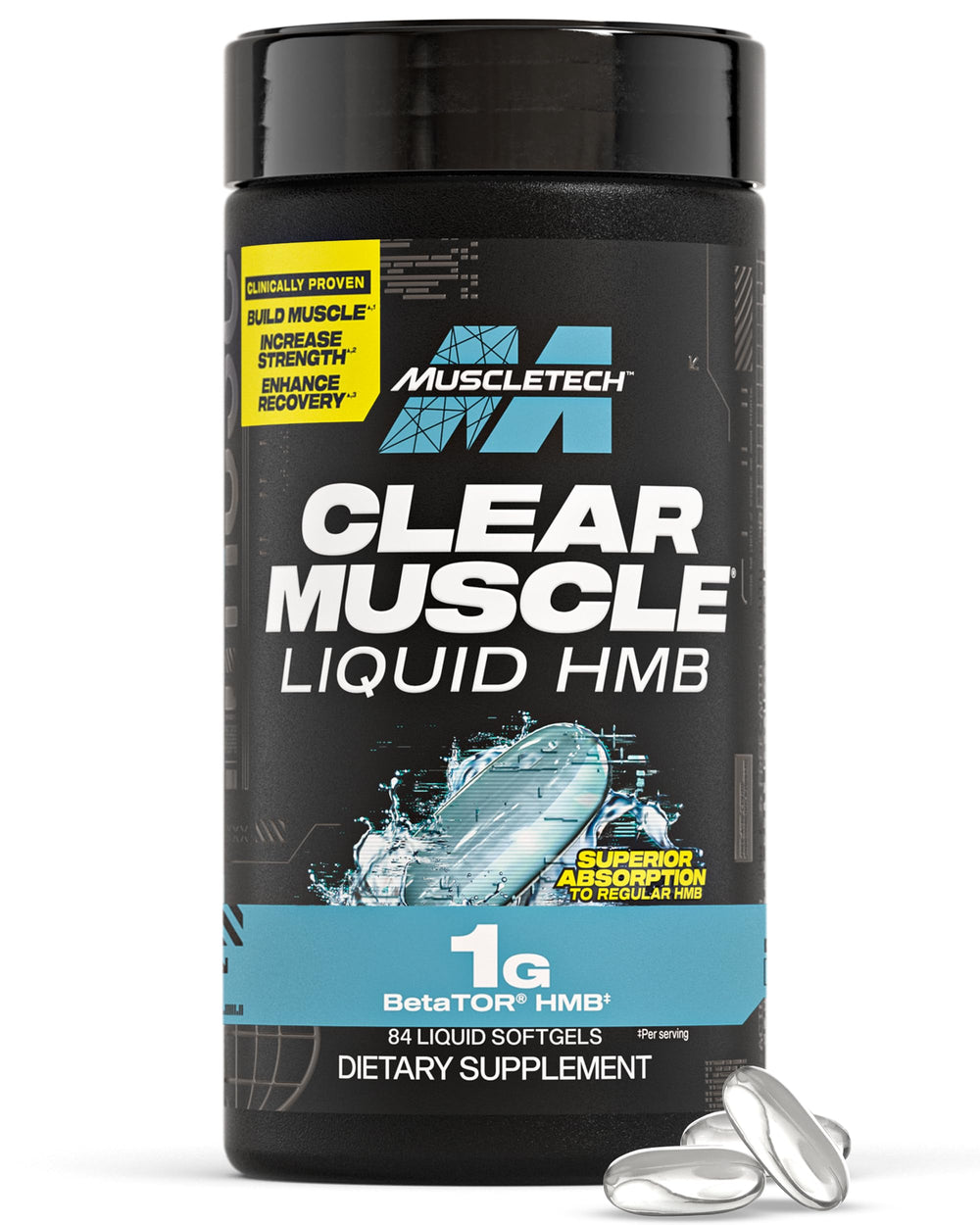 MuscleTech Clear Muscle bottle showing the softgels for lean muscle support