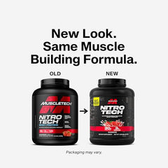 Muscletech Nitro-Tech whey strawberry serving scoop highlights easy portioning and consistent dosing