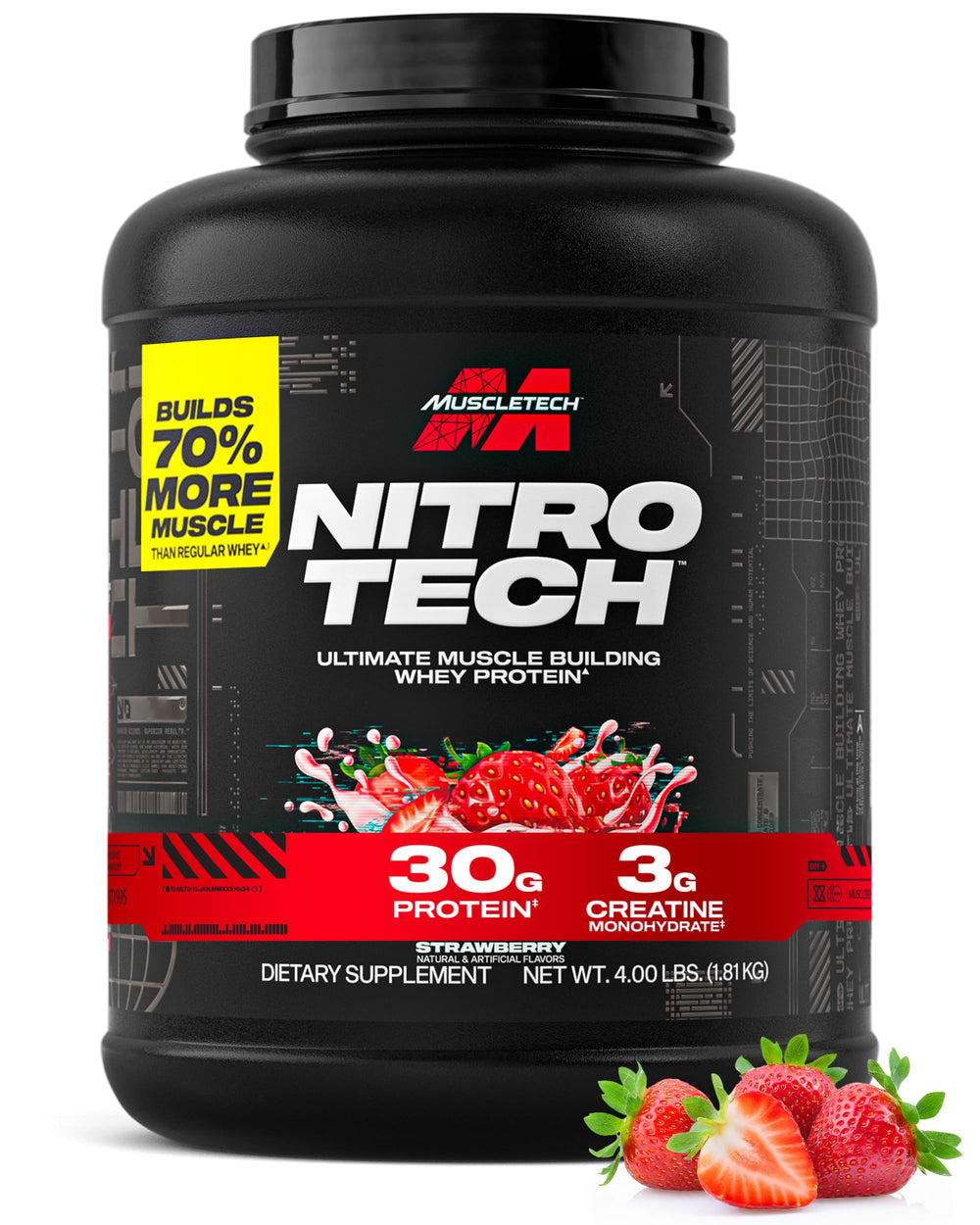 Muscletech Nitro-Tech strawberry whey protein tub shows premium packaging for lean muscle support