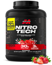 Muscletech Nitro-Tech strawberry whey protein tub shows premium packaging for lean muscle support