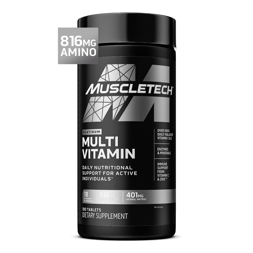 MuscleTech Platinum Multivitamin tablets on bottle for daily energy and nutrients.
