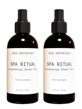 Muse Apothecary Spa Ritual Pure Eucalyptus Shower Mist bottle pour delivers energizing aromatherapy for a refreshed morning.