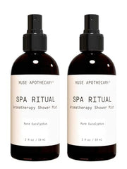 Muse Apothecary Spa Ritual Pure Eucalyptus Shower Mist bottle pour delivers energizing aromatherapy for a refreshed morning.