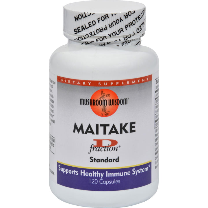 Mushroom Wisdom Grifron Maitake D-Fraction bottle highlights gluten-free capsules for daily routines.