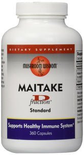 Mushroom Wisdom Maitake D-Fraction 360 capsules bottle showing the immune support potential